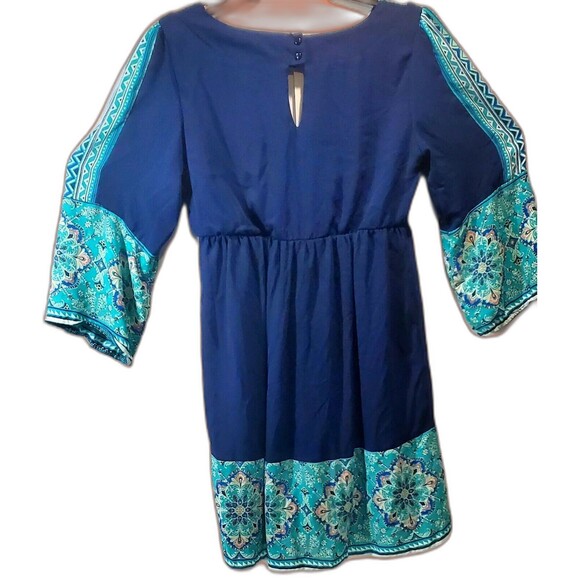 Boho Floral V-Neck Bell Sleeve Tunic Dress – Blue Teal – Small – Festival Style - Picture 3 of 7